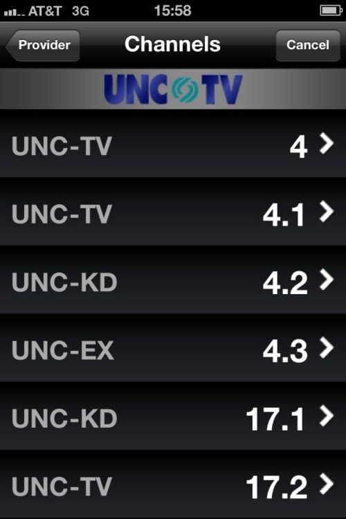 PBS iPhone application channels screen.
