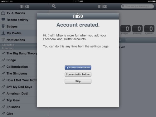 Miso iPad application--account created.
