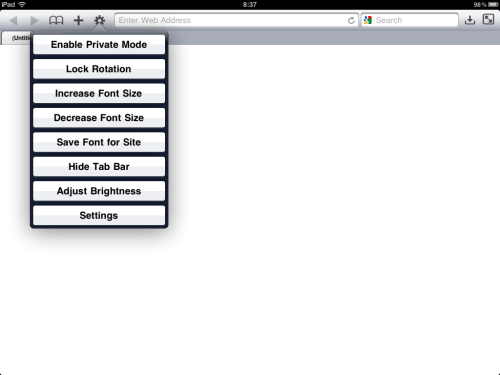 "Gear" options menu. Settings button is found at bottom of this menu.