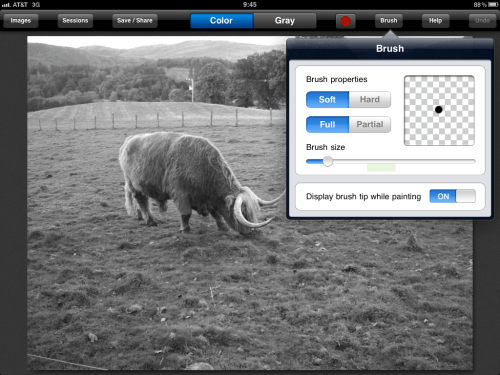 Test image loaded with brush menu displayed.