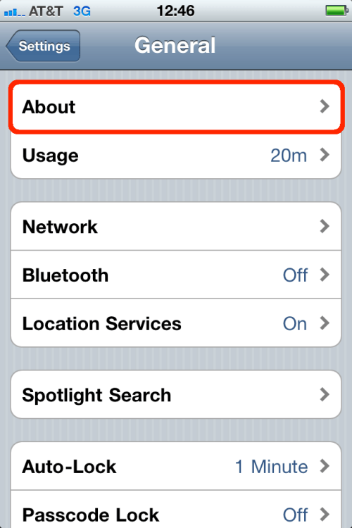 iPhone General settings menu - tap About.