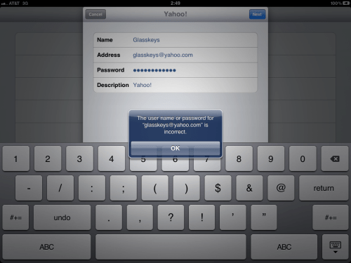 Incorrect account details. Recheck Address and password.