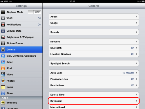 Select General at left, then tap Keyboard.