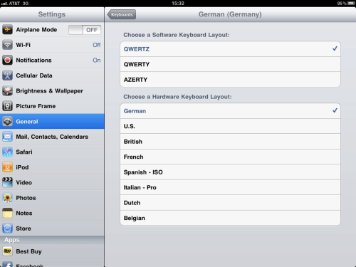 Selecting German keyboard, will present customisation options.
