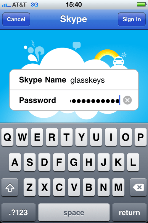 Password entry. Tap Sign in button when complete.