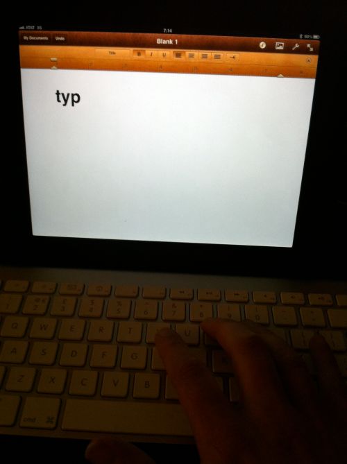 Typing with the wireless keyboard.