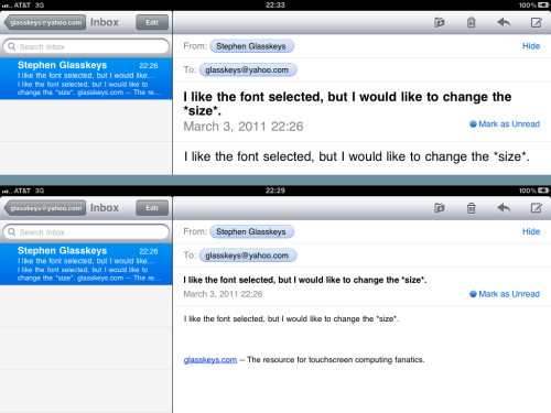 New Mail font size at top, old Mail font size at bottom.