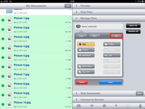Select photos, then tap Zip button.