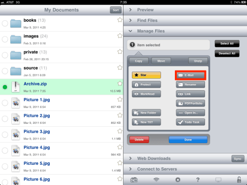 Tap button to email new zip file.