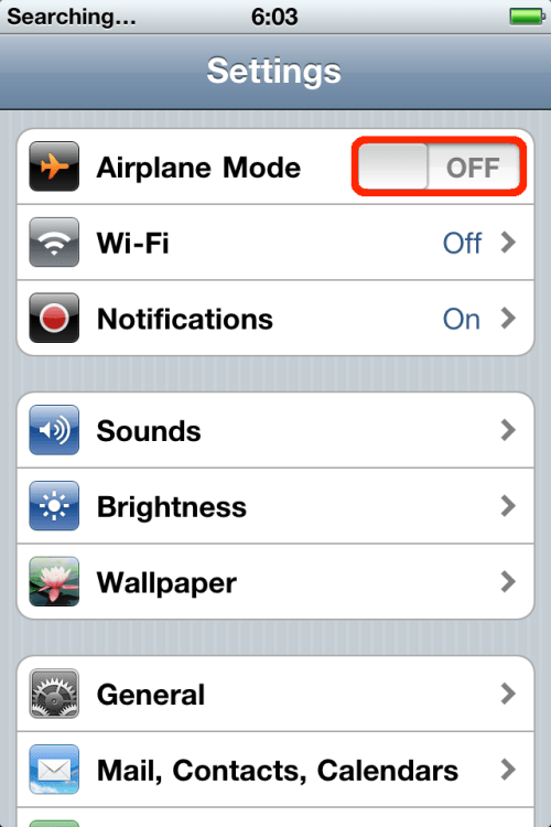 Toggle Airplane Mode back to the OFF position.