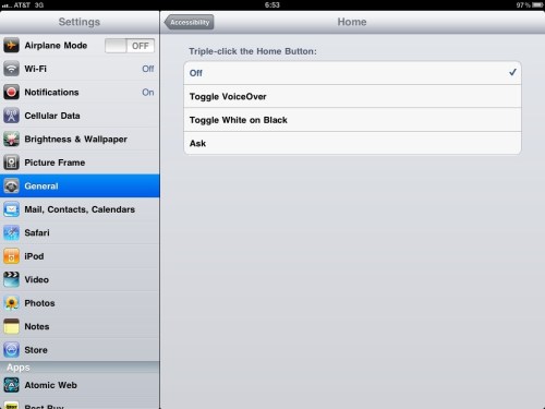 Initial view of Triple-click Home screen options.