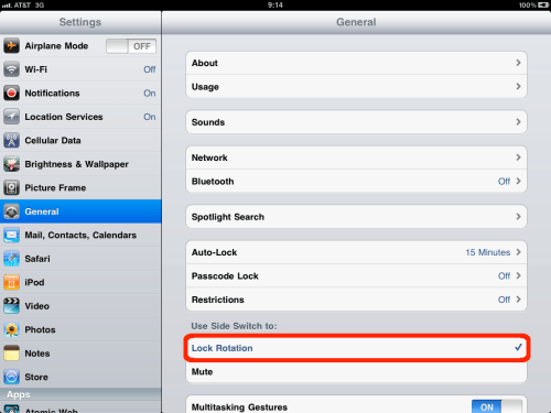 Settings application: General section, Lock Rotation.