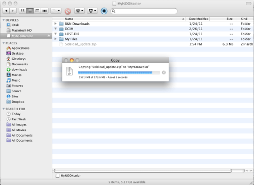 Copying zipped update file to Nook.
