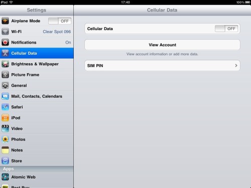 Cellular data toggled OFF.