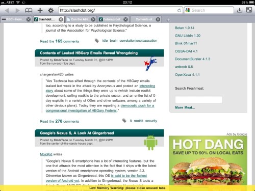 Atomic Web Browser displays a Low Memory Warning at bottom.