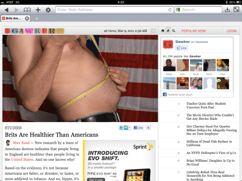 Gawker article viewed in Atomic Web Browser.