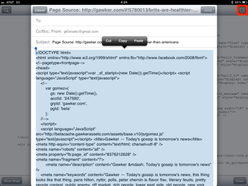 Tap button at top right, source pasted in email window.