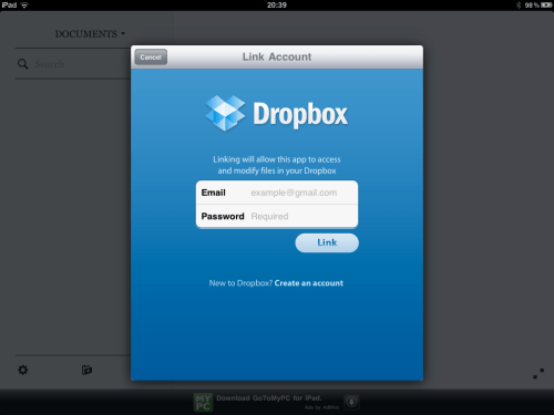Enter DropBox credentials to link with PlainText.