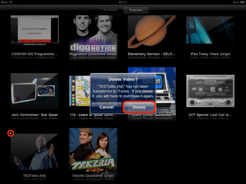 Deleting a podcast video.