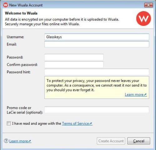 Wuala account creation.