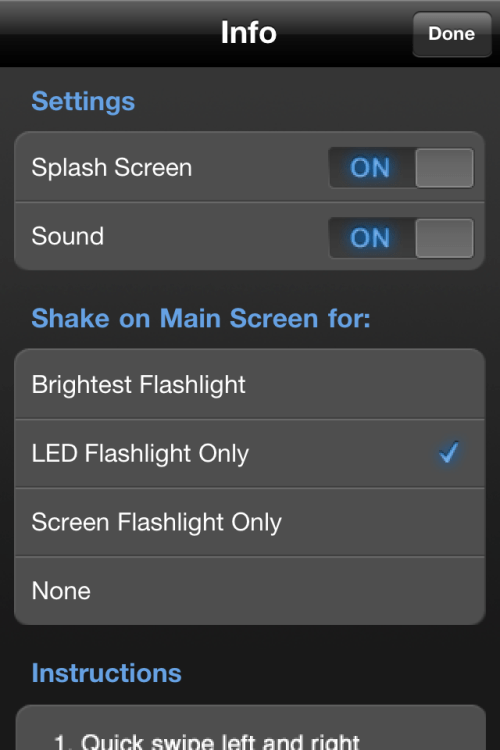 iHandy Flashlight Free settings.