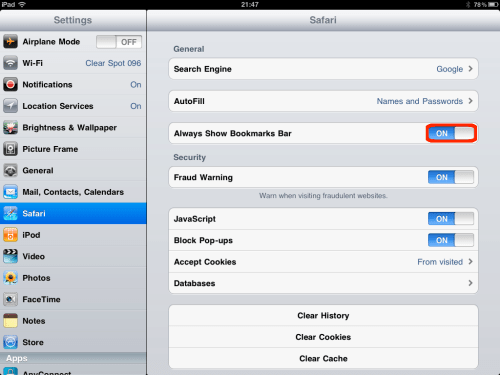 Toggle the Always Show Bookmarks Bar switch.