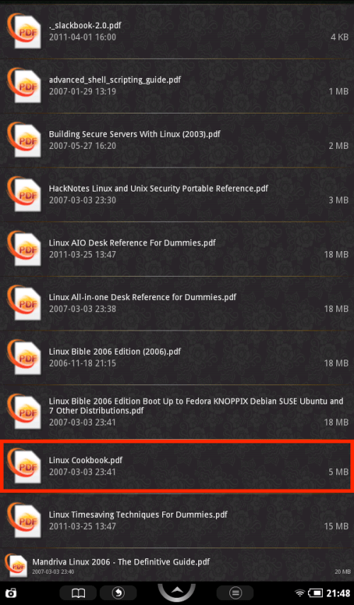 Selecting a PDF book to open.