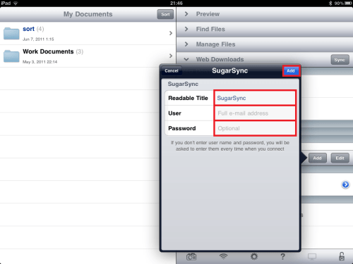 Enter label, username and password of SugarSync account.