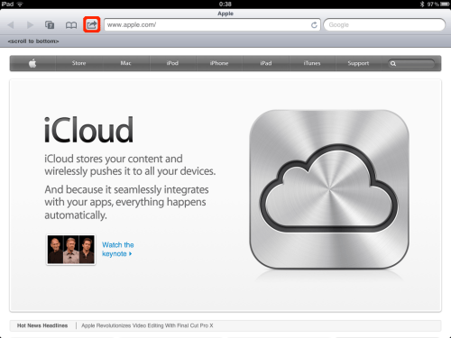 Safari on iPad, tap the toolbar button in red.