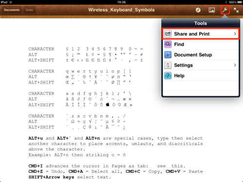 Using the Wrench icon and selecting Share and Print.