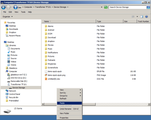 Pasting a file on the Honeycomb based tablet.