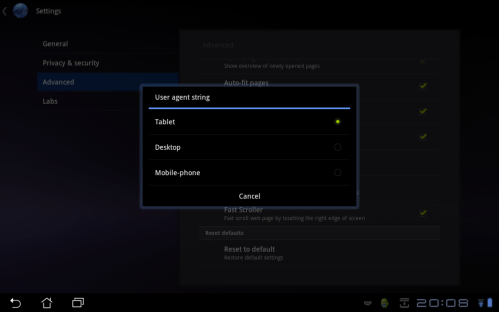 Tablet user agent string is default.