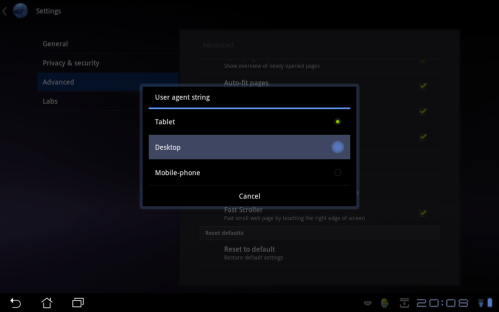 Tap Desktop in dialog menu.