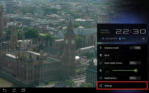 Mini Settings screen.