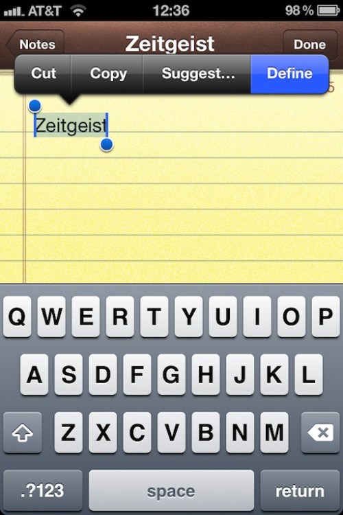 iPhone Notes - tap Define button.