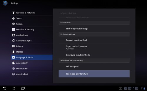 Language & input, Touchpad pointer style.