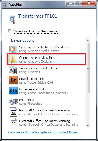 Asus Transformer has been connected with USB cable.