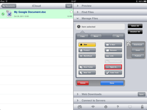Manage files, select document, then tap [Open In…] button.