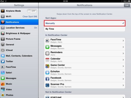 Notifications category - enable manual sorting.