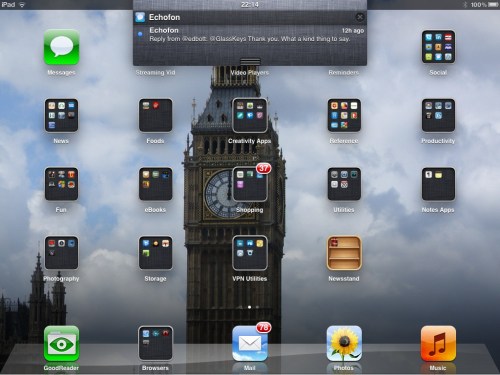 Tray pulled down from the top centre of screen.