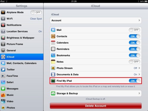 Setting app - iCloud - Find my iPad.