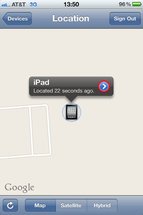 Location of my iPad on Google Maps.