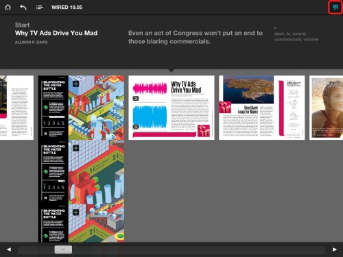 Navigate articles using top right menu button.