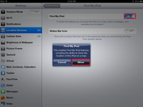 Turn on Find my iPad switch.