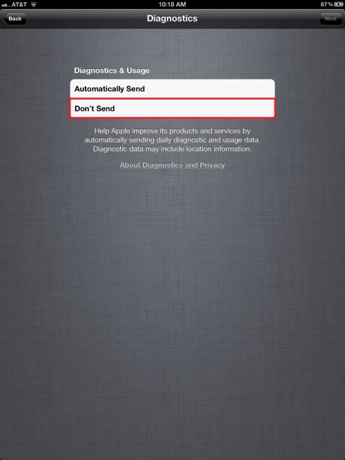 Tap Don't Send Diagnostic and Usage data.